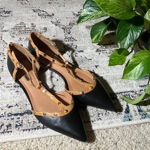 Halogen Pointed Toe Studded Faux Leather Flat Black and Tan